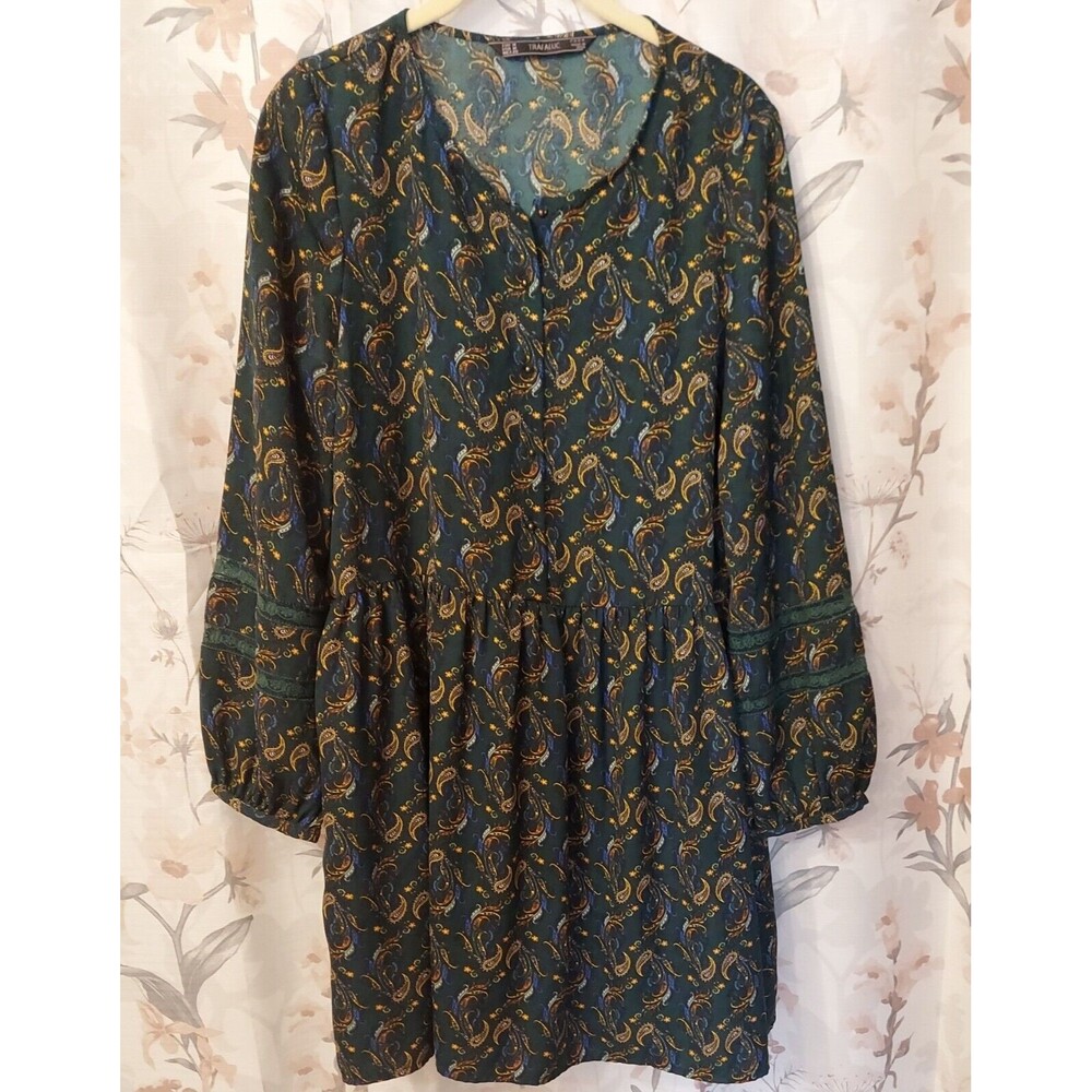 ZARA TRAFALUC Boho Festival Tiered Dress  Green Paisley Lace Baloon Sleeves Sz M